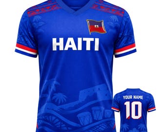 Camiseta de fútbol con cuello en V y nombre personalizado para aficionados de Haití. Regalo personalizado para fans.