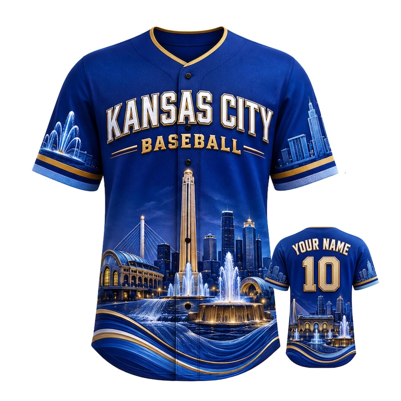 May include: A royal blue baseball jersey featuring a button-down front, gold and white text reading KANSAS CITY BASEBALL, and a graphic print of a city skyline with fountains. The back displays the text YOUR NAME and the number 10 in gold.