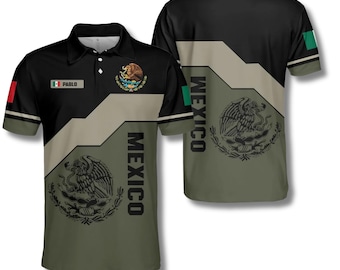 Polo mexicano personalizado, estampado 3D de la bandera azteca, nombre y número personalizados.