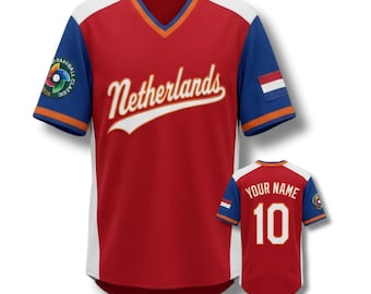 Camiseta de béisbol de los Países Bajos, nombre y número personalizados, color naranja y azul marino con botones.
