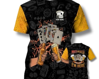 Camiseta personalizada de póker y cerveza, estampado integral de noche de casino.