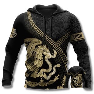 Name Name Azteken Drachen Hoodie, Quetzalcoatl Schlange Print, Tribal Fleece Streetwear