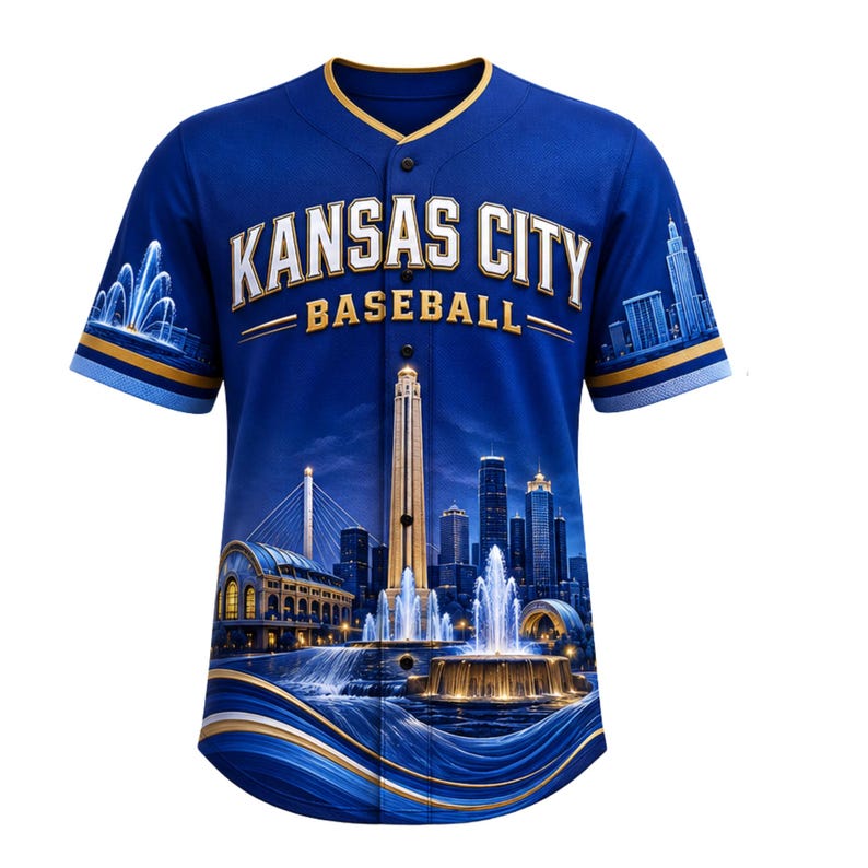 May include: A royal blue short-sleeved button-down baseball jersey featuring the text KANSAS CITY BASEBALL in white and gold lettering. The shirt displays a graphic of the Kansas City skyline, including the Liberty Memorial and fountains.