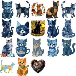 Könnte beinhalten: Eine Sammlung skurriler Katzenillustrationen. Die Katzen sind aus Jeansstoff, Patchwork und anderen dekorativen Mustern gefertigt. Einige Katzen sind blau, orange und schwarz. Eine Katze befindet sich in einer Kaffeetasse, eine andere trägt das Wort "'MERICA".
