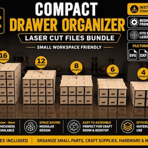 May include: A digital product listing for a compact drawer organizer laser cut files bundle. The image displays five wooden storage units with 16, 12, 8, 6, and 4 drawers. Text includes "Compact Drawer Organizer," "Laser Cut Files Bundle," and "Max Size 290mm x 290mm."