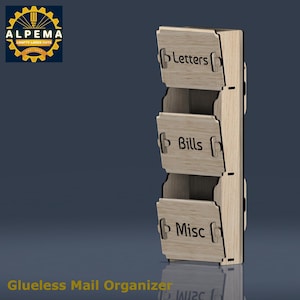 Puede incluir: Un organizador de correo de madera de color claro con tres compartimentos etiquetados como "Letters", "Bills" y "Misc". El organizador está diseñado sin pegamento y presenta un diseño moderno y minimalista. La imagen también incluye el texto "SVG", "DXF" y "AI".