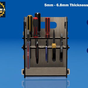 May include: A wooden tool organiser with various screwdrivers and tools. The organiser has multiple slots and shelves to hold the tools. Text on the image reads "5mm - 6.8mm Thickness Available" and "SVG, AI, DXF, PDF". The organiser is made of light brown wood.