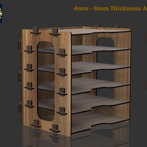 May include: A wooden desk organizer with multiple shelves and a unique cutout design. The organizer is made of light brown wood and features dark brown accents. The text "4mm - 6mm Thickness Available" is visible at the top.