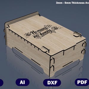 Pode incluir: Uma caixa de madeira clara com tampa, com a frase "No money, no honey" e uma ilustração de abelha. A caixa tem formato retangular com detalhes recortados e pequenas alças. O texto "3mm - 5mm Thickness Available" é visível.