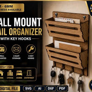 Peut inclure: Un organisateur de courrier mural en bois brun doté de deux compartiments de rangement et de quatre crochets métalliques pour clés. L'organisateur est fixé au mur et contient des enveloppes. Le texte inclut "WALL MOUNT MAIL ORGANIZER WITH KEY HOOKS".