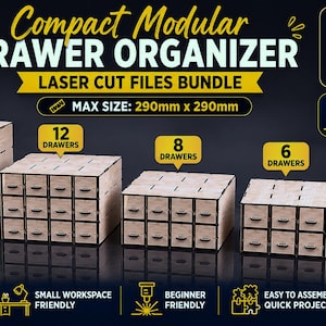 Op de afbeelding: Een digitaal bestandenpakket voor een compacte modulaire lade-organizer, met vijf houten opbergeenheden met 4, 6, 8, 12 en 16 lades. De tekst bevat Compact Modular Drawer Organizer, Laser Cut Files Bundle en Max Size 290mm x 290mm.