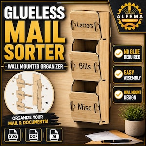 May include: A light-colored wooden wall-mounted mail sorter featuring three stacked compartments labeled Letters, Bills, and Misc. The organizer is designed for assembly without glue and includes a circular inset showing the side profile of the unit.