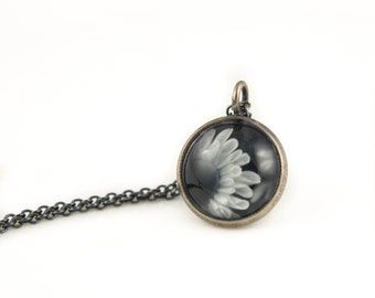 Minimal Necklace - Sunflower Photo Jewelry - Flower Necklace - Antiqued Silver Pendant on Oxidized 925 Sterling Silver Chain