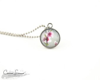Gift for Her - Peach Flower Necklace - Gunmetal Jewelry - Photo Pendant - Corinne Lavinio