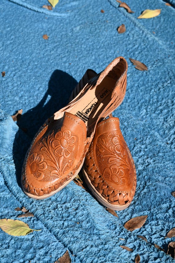 Handmade Leather Huaraches: Floral Tooled Mexican Sandals