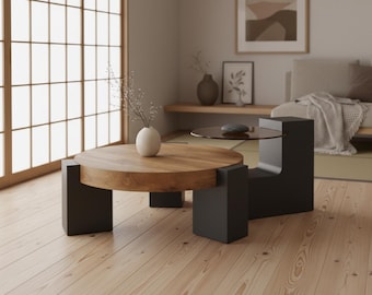 Round coffee table in solid wood and black metal, modern minimalist design for living room