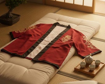Japanese kimono, long lightweight yukata-style jacket, boho summer & festival fashion (red, dragon)