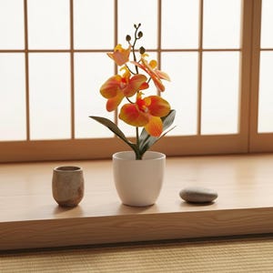 Peut inclure: Une orchidée artificielle aux fleurs orange et jaunes et aux feuilles vertes est plantée dans un pot en céramique blanc. Une petite tasse en céramique patinée et une pierre grise lisse sont à côté de la plante.
