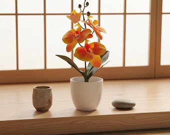 Realistic artificial orchid in a pot, lifelike decorative plant for living room, office or bedroom, interior decoration (pink and orange)