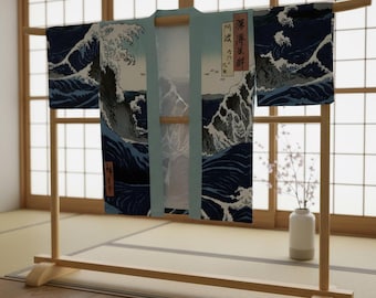 Japanese kimono, long lightweight yukata-style jacket, boho summer & festival fashion (sky blue, waves, rocks)