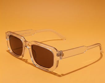 Vintage rectangular sunglasses, minimalist retro style, trendy model for women & men (transparent)