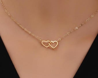Women's double heart necklace, minimalist romantic pendant, love jewelry gift idea (DCR edition Jewelry Fashion)