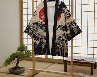 Japanese kimono, long lightweight yukata-style jacket, summer boho & festival fashion (white, red, black, grey, dragon)
