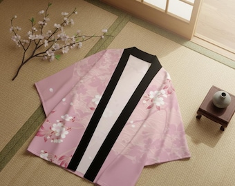 Japanese kimono, long lightweight yukata-style jacket, boho summer & festival fashion (pink, flowers)