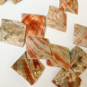 May include: A collection of square-shaped, polished stones with a natural, marbled appearance. The stones feature a mix of creamy white, orange, and reddish-brown hues, creating a unique, organic pattern. The stones are arranged on a white surface.