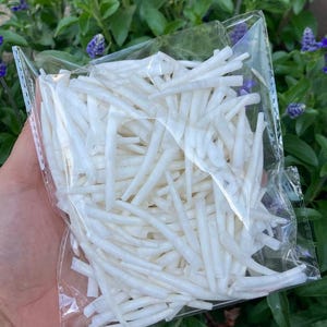 May include: A clear plastic bag filled with numerous white, cylindrical, and tapered objects. The objects appear to be food items, possibly a type of vegetable or snack. The background features green foliage and purple flowers.