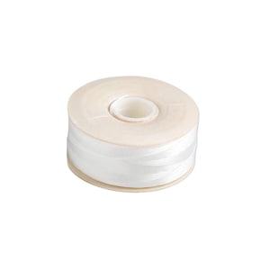 May include: A spool of white thread, tightly wound around a light tan cardboard core. The thread appears smooth and shiny, suitable for sewing or crafting projects. The spool is set against a plain white background.