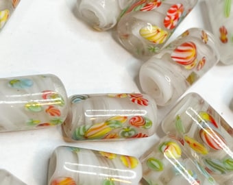 Vintage White Japanese Millefiori Glass Tube Beads – 15x8mm – 14 Pieces