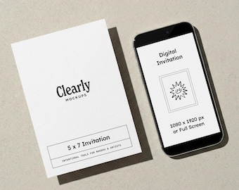 Mockup digitale uitnodiging PSD |  Kaart van 5 x 7 en telefoon | Slim object Photoshop Photopea (digitale download)