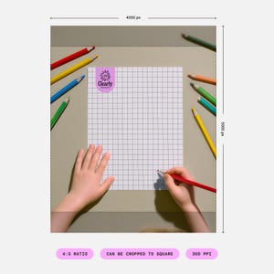 May include: A grid-lined paper with the Clearly logo is surrounded by colorful pencils. A hand is holding a red pencil, poised to write on the paper. The image is set against a neutral background, creating a clean and organized aesthetic.