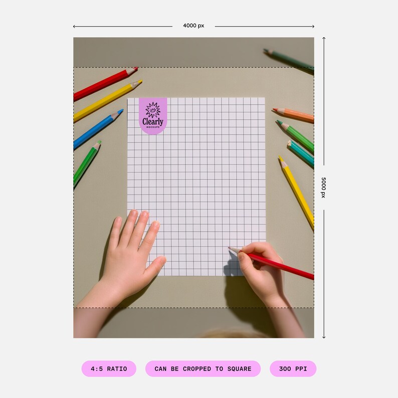 May include: A grid-lined paper with the Clearly logo is surrounded by colorful pencils. A hand is holding a red pencil, poised to write on the paper. The image is set against a neutral background, creating a clean and organized aesthetic.