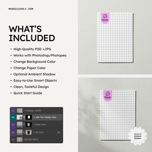 May include: A digital product mockup featuring two sheets of grid paper, each with a purple sticker reading "Clearly". The text "WHAT'S INCLUDED" and a list of features are on the left. The website "MADECLEARLY.COM" is at the top.