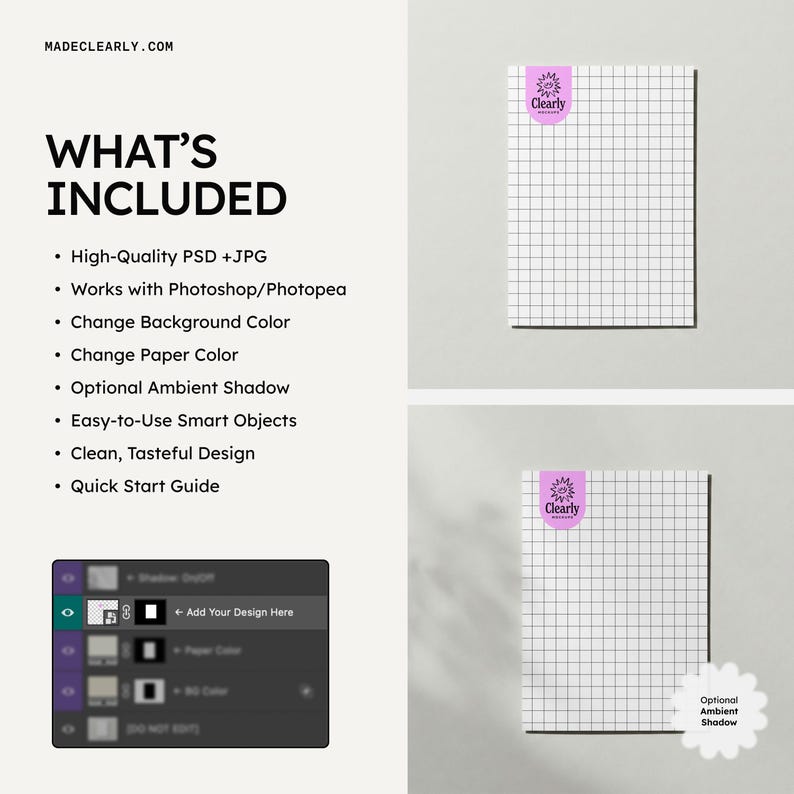 May include: A digital product mockup featuring two sheets of grid paper, each with a purple sticker reading "Clearly". The text "WHAT'S INCLUDED" and a list of features are on the left. The website "MADECLEARLY.COM" is at the top.