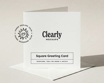 Folded Square Card Mockup: Simple Greeting Card, Customizable Envelope Colors, PSD JPG (Digital Download)