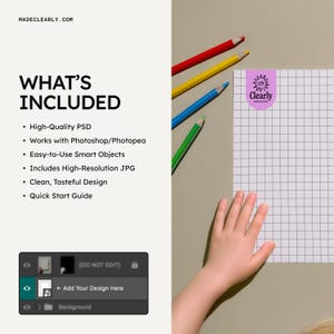 May include: A mockup featuring a grid paper, colored pencils, and a hand. The image includes the text "WHAT'S INCLUDED" and a list of features. A sticker with the text "Clearly Mockups" is on the grid paper. The website "MADECLEARLY.COM" is also visible.