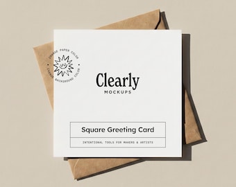 Square Card Mockup PSD | Invitation on Kraft Envelope | Flat Lay Greeting Card | Smart Object Photoshop Photopea