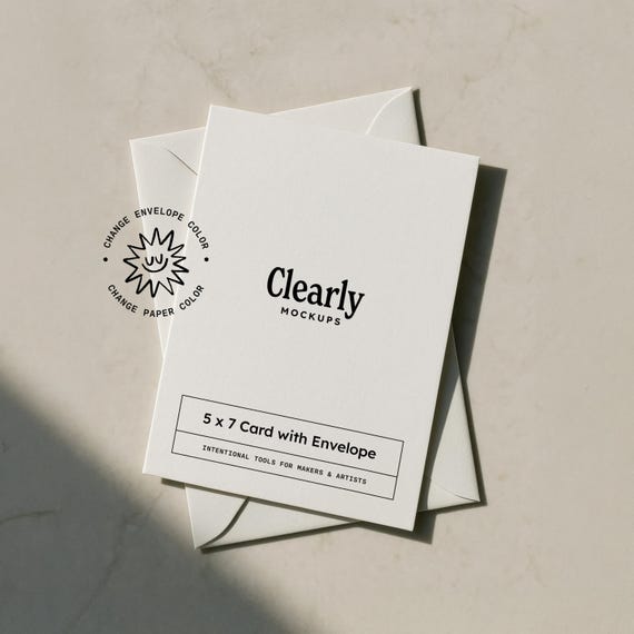 5x7 Card Mockup: Invitation Greeting Card, Customizable Envelope Color, Wedding Birthday Baby Shower, PSD Smart Object
