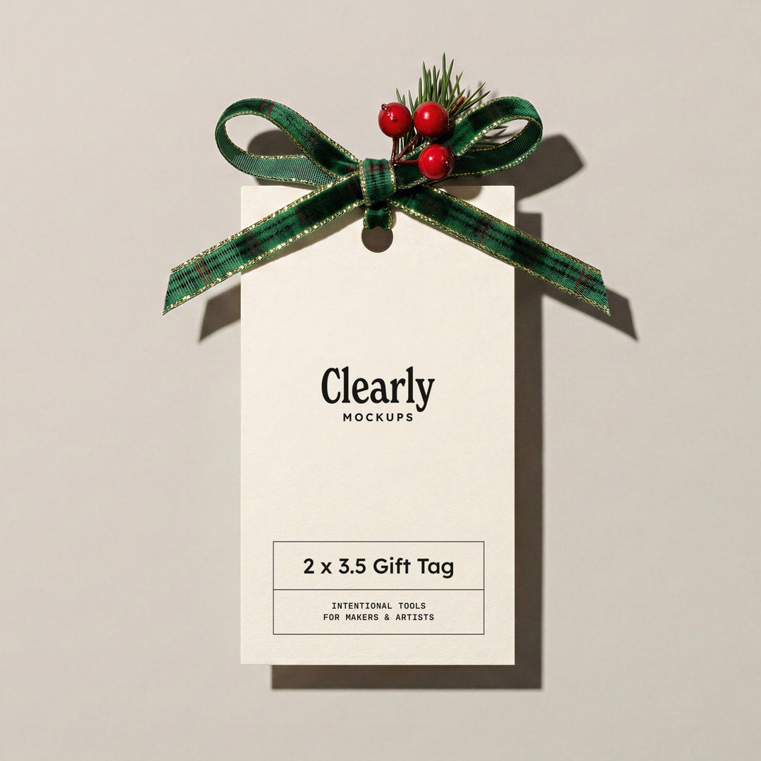 Christmas Gift Tag Mockup: Tartan Ribbon, 2x3.5 Rectangle (PSD Template ...