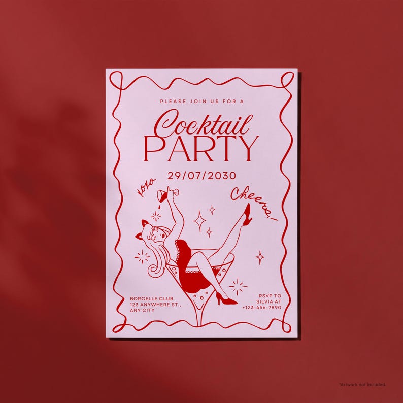 May include: A pink cocktail party invitation with red accents. The design includes a stylized illustration of a woman in a martini glass, the words "Cocktail Party", and the date "29/07/2030". Includes RSVP details.
