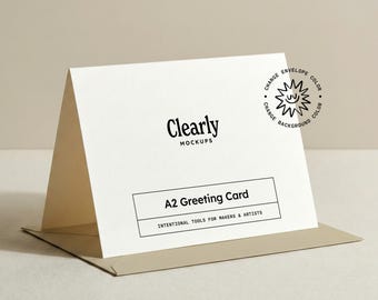A2 Card Mockup: Horizontal Greeting Card, Customizable Envelope and Background, PSD Template, Smart Objects