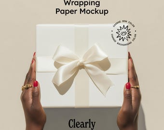 Wrapping Paper Mockup: Gift Box with Color Changing Bow and Background (PSD)