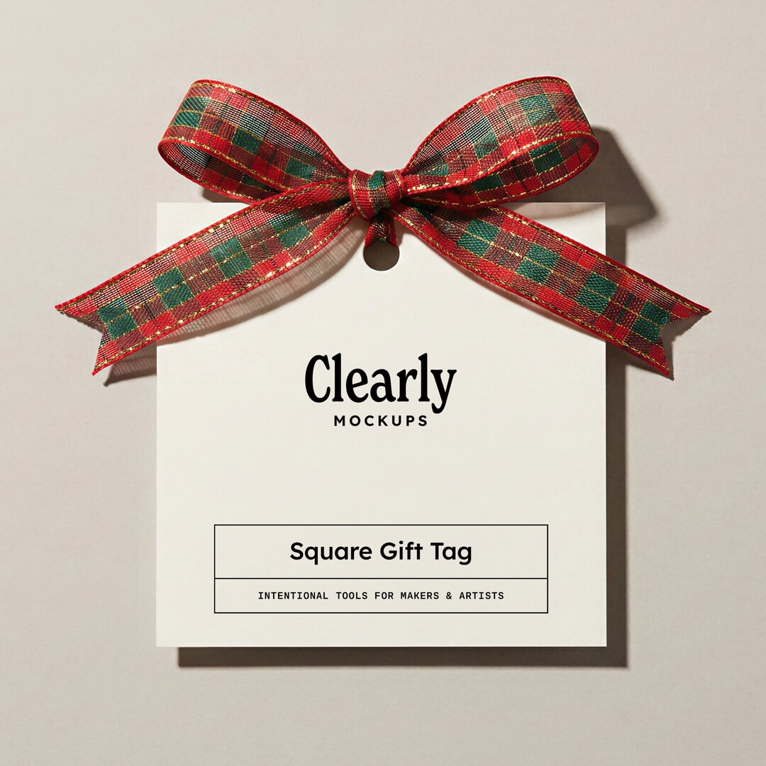 Christmas Gift Tag Mockup: Square Tartan Ribbon, PSD Template (digital ...