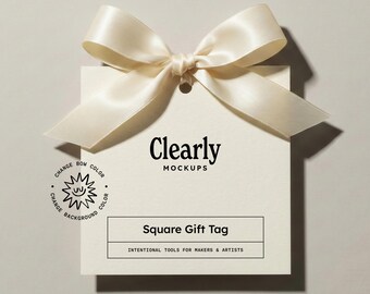 Square Tag Mockup: Neutral 3x3 Favor Tag, Customizable Bow and Background, PSD Template