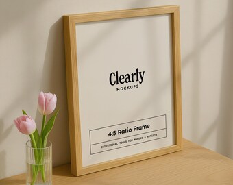 4x5 Frame Mockup: Vertical Light Wood Frame on Desk, PSD Template, Smart Object