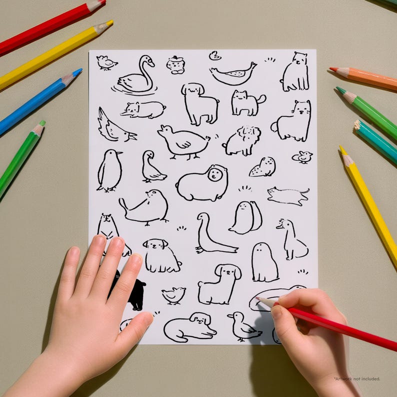 May include: A white paper with black line drawings of various animals, including dogs, cats, and birds. A child's hand is coloring with a red pencil. Colored pencils in red, yellow, blue, and green are scattered around the paper.