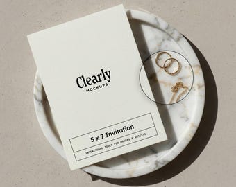 5x7 Invitation Mockup: Card on Marble Tray, Wedding Birthday Baby Shower, PSD Smart Object